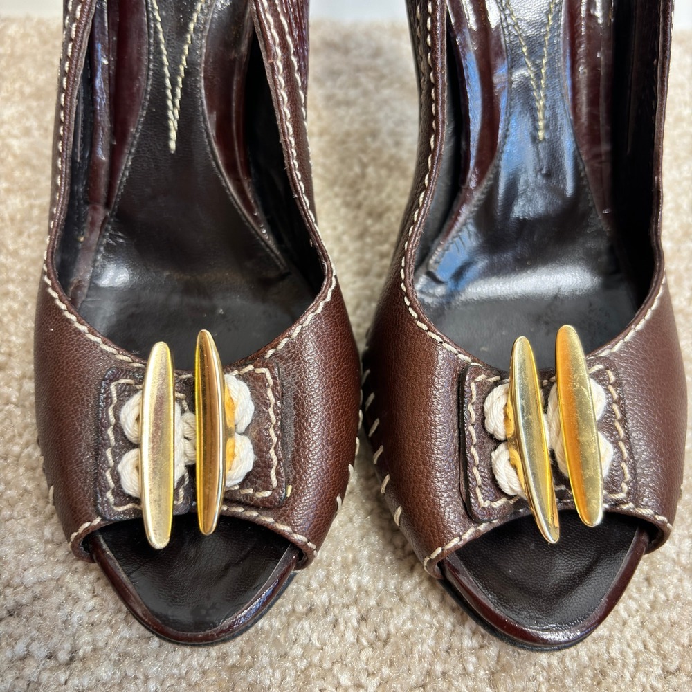 Zac Posen Brown Leather Peep Toe Slingback Y2K Striped Heels Size 7 - Picture 4 of 13